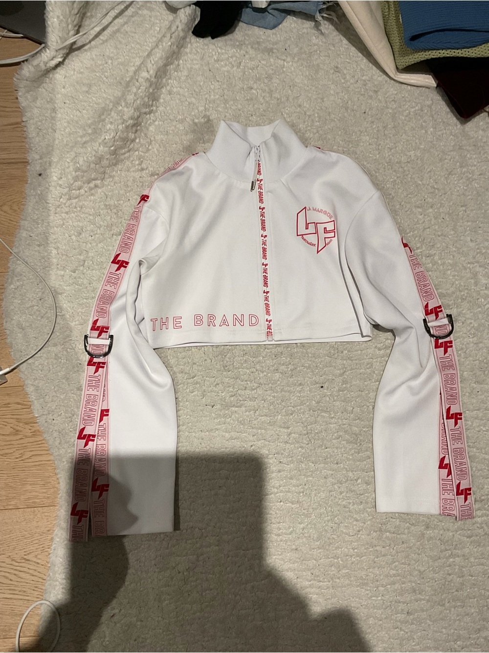 LF White Cropped Zip-Up Kids Hoodie with Pink Logo Tape